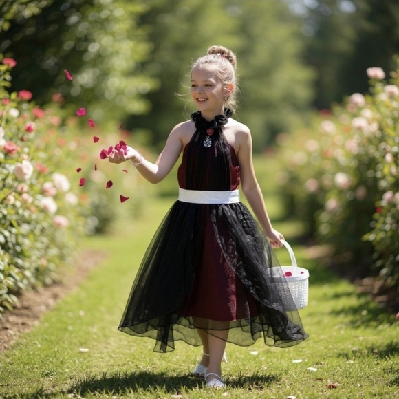 Custom Black & Red Chiffon Dress ✦ Girls 6 ✦ Handmade Roses Sparkle Sash Formal - Picture 14 of 16